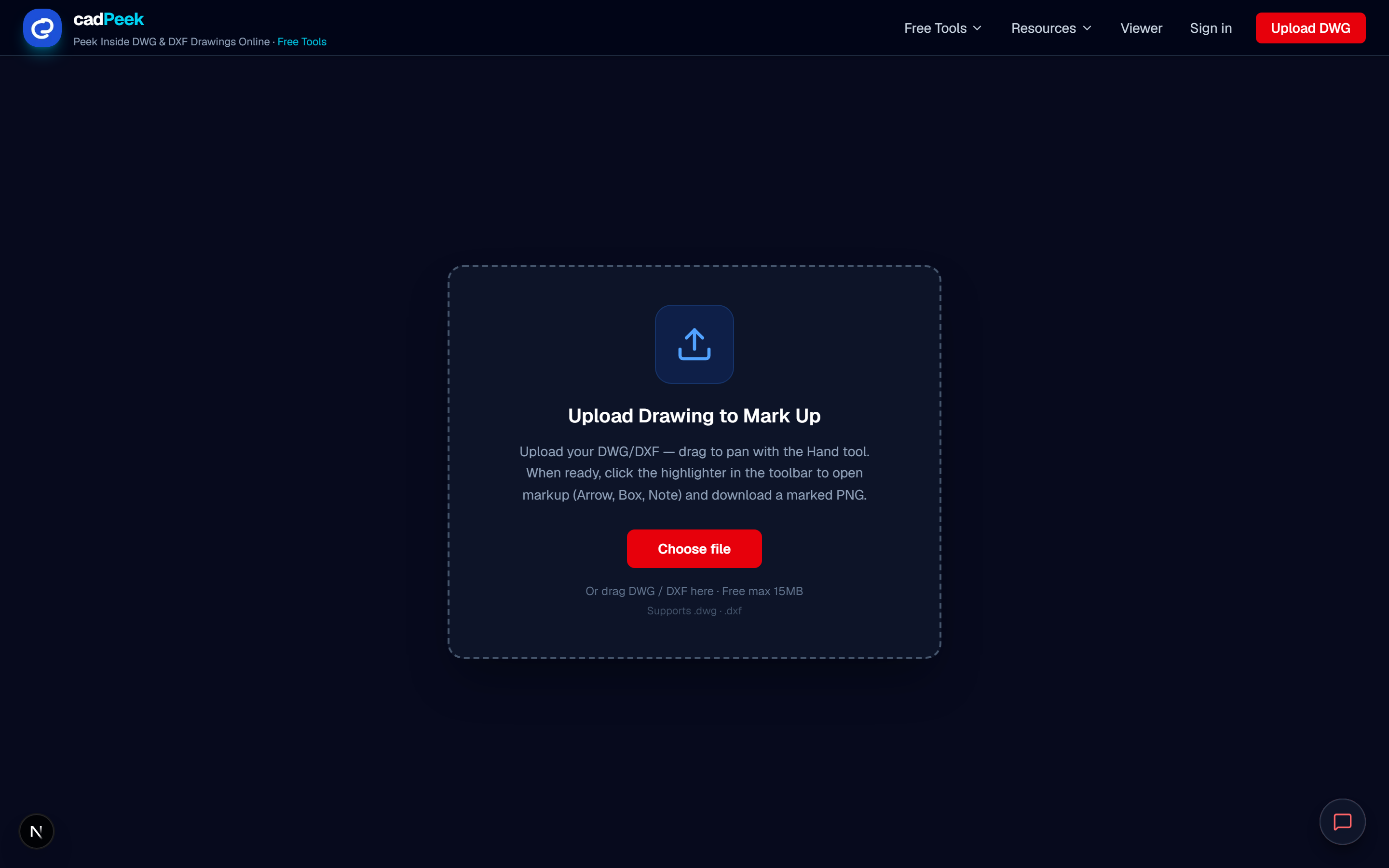 CadPeek upload screen for Markup CAD Drawing Online with Choose file button