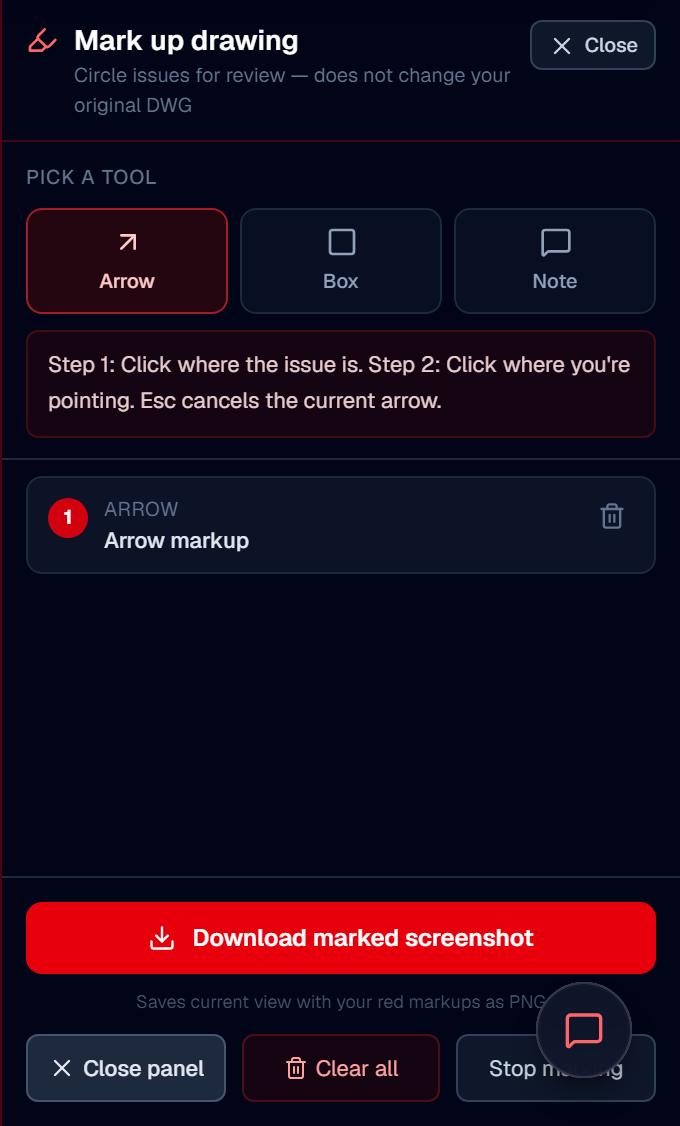 CadPeek markup panel footer with Download marked screenshot button