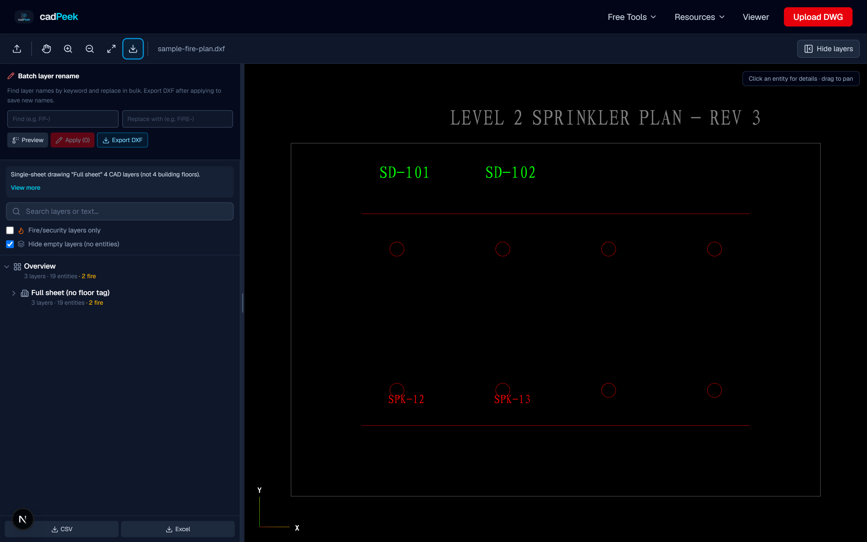 Batch CAD Layer Rename after uploading a sample drawing in CadPeek