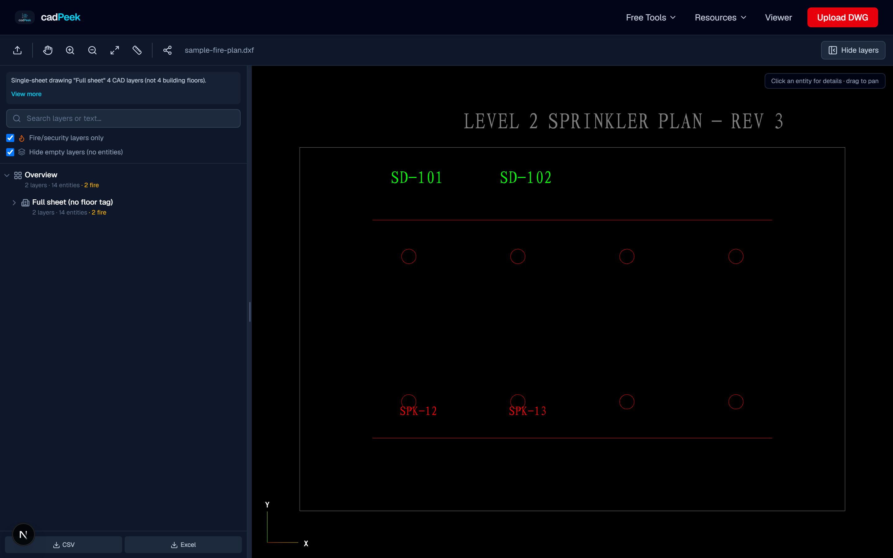 CAD Symbol Legend Builder after uploading a sample drawing in CadPeek