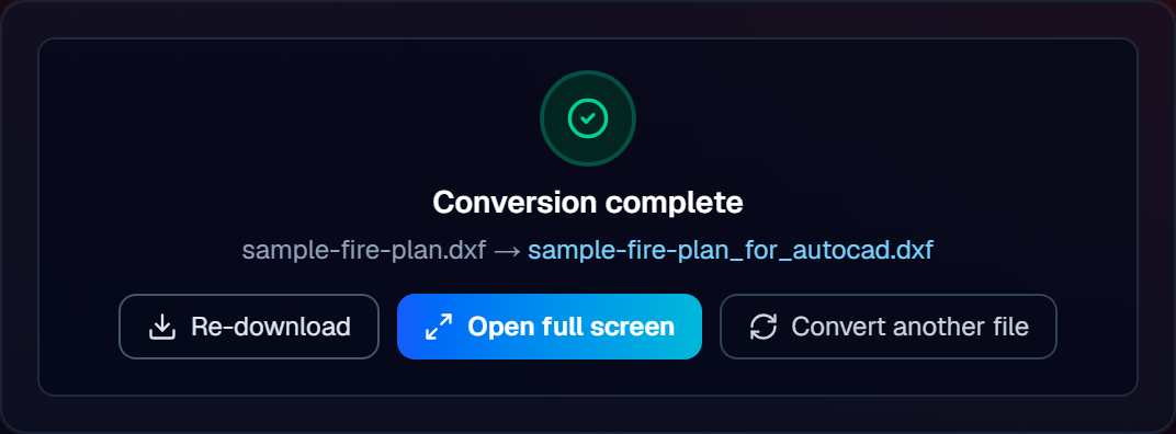 DXF to DWG Converter after uploading a sample drawing in CadPeek